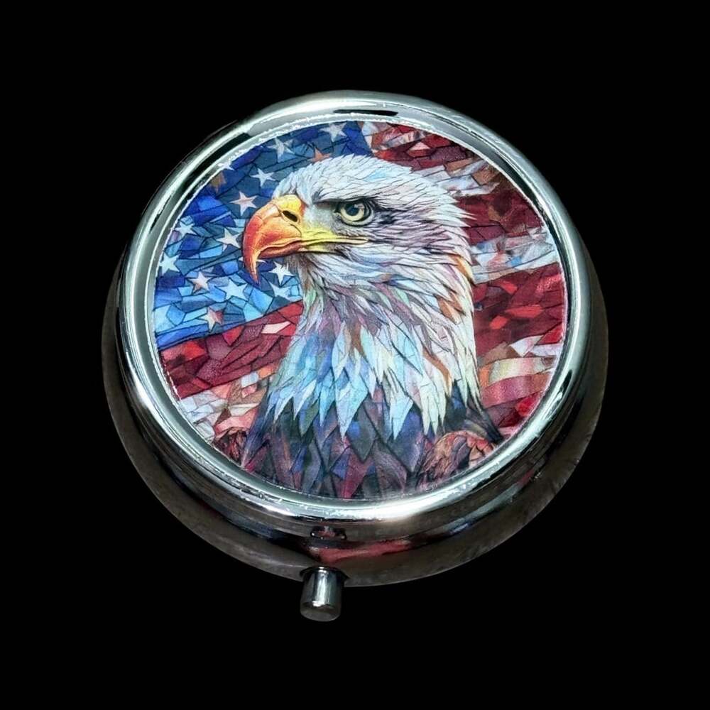Cute Bald Eagle Patriotic Portable Round Metal Pill Organizer Case - Picture 1 of 3